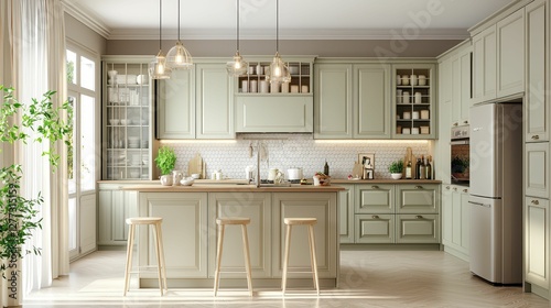 Modern Kitchen Design with Light Green Cabinets and Island Seating