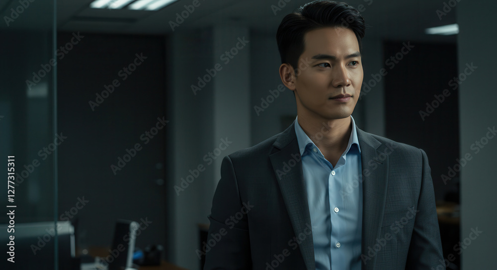 Contemplative man in suit looking aside in a modern office environment. Contemplative man in suit looking aside in a modern office environment.