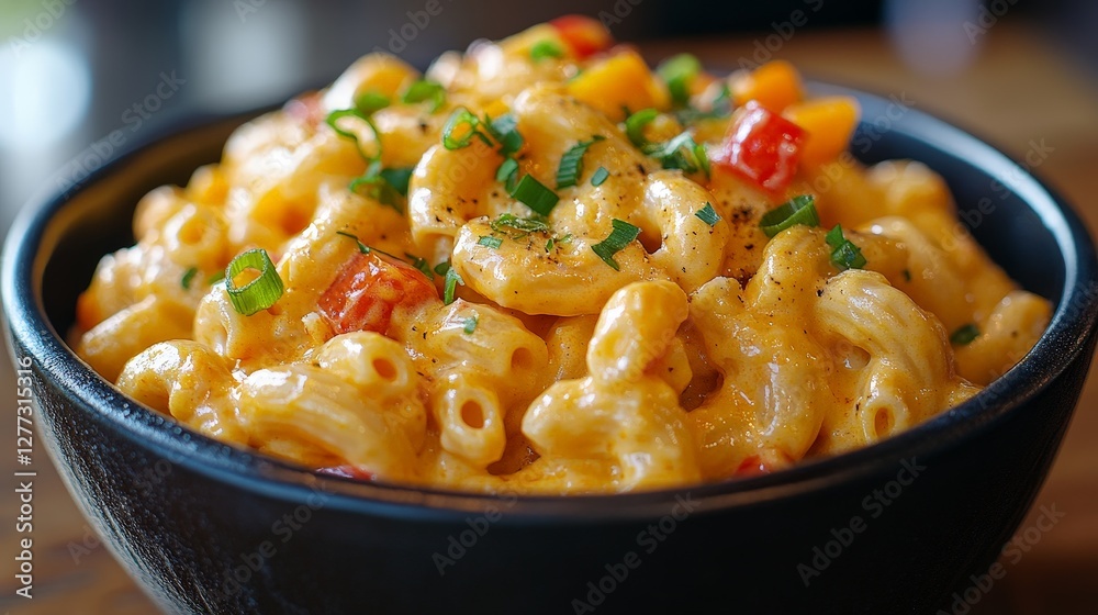 A bowl of creamy macaroni and cheese topped with diced vegetables and herbs. A bowl of creamy macaroni and cheese topped with diced vegetables and herbs.