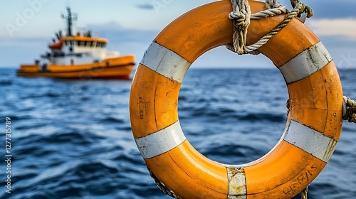 Orange life buoy at sea; tugboat in background. Possible use stock photo for safety, marine, or rescue themes