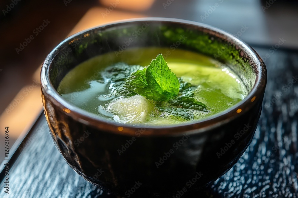 Delicious Green Soup with Fresh Mint Leaves Garnish in Bowl Delicious Green Soup with Fresh Mint Leaves Garnish in Bowl