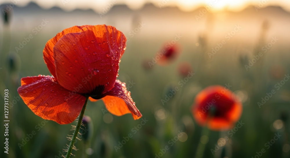 Obraz premium Vibrant red wild poppy flower with dew drops in a misty field at sunrise, evoking tranquility and nature's beauty