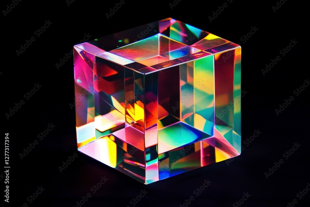 Colorful Crystal Cube with Reflections and Light Effects on Black Colorful Crystal Cube with Reflections and Light Effects on Black