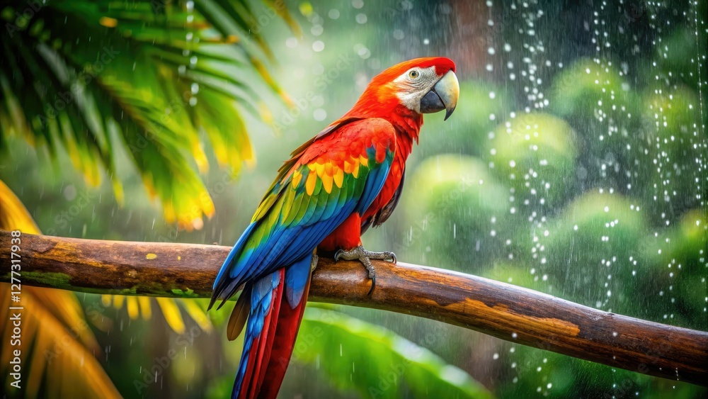 Obraz premium Rain-drenched vibrant macaw, a candid rainforest capture.