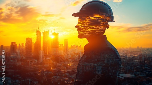 Engineer views city skyline at sunset