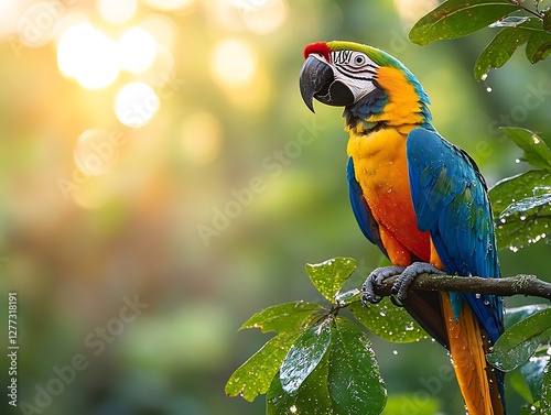 Macaw perched, rainforest sunset