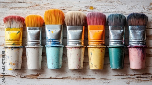 Paintbrushes arranged on weathered wood photo