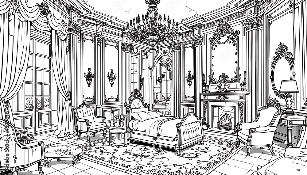 Fototapeta premium Bedroom coloring book page, drawing contours and outlines for doodle home interiors, apartment room illustration design in black and white style