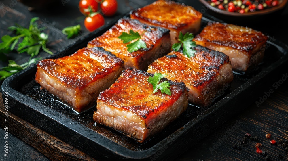 Perfectly Crispy Pork Belly Served on a Rustic Dark Wooden Table Perfectly Crispy Pork Belly Served on a Rustic Dark Wooden Table
