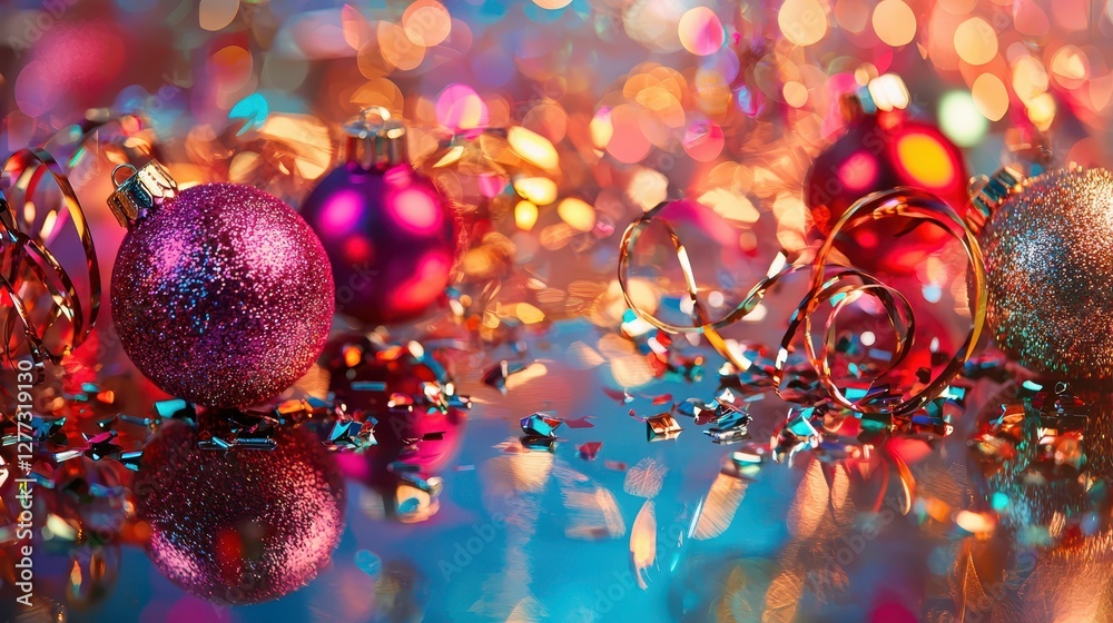 Obraz premium Colorful Christmas Ornaments with Sparkling Lights and Tinsel