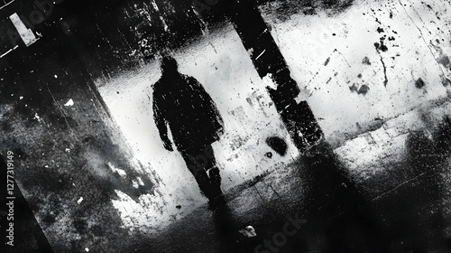 Abstract black and white photo of a person's silhouette reflected in a wet, textured surface, creating a moody and atmospheric image.