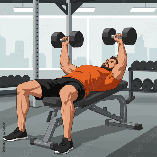 Man Doing Dumbbell Bench Press Exercise at the Gym for Fitness