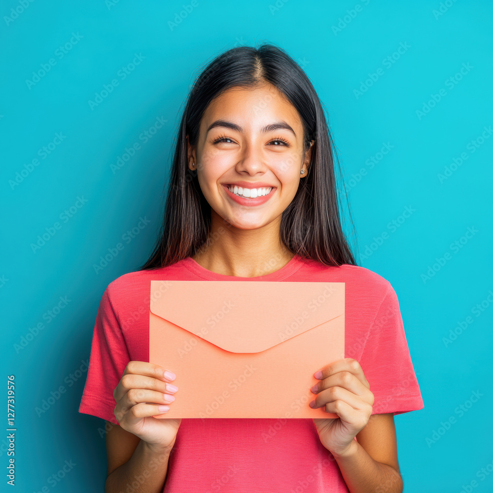 Cheerful young woman holding invitation letter vibrant blue background portrait photography indoor setting positive vibe Cheerful young woman holding invitation letter vibrant blue background portrait photography indoor setting positive vibe