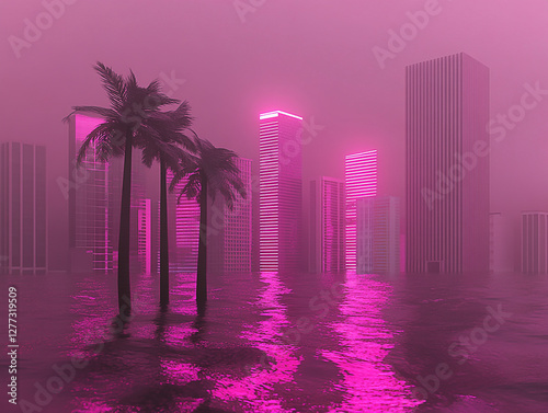 Futuristic cityscape at dusk with pink neon lights reflecting on floodwaters and palm trees