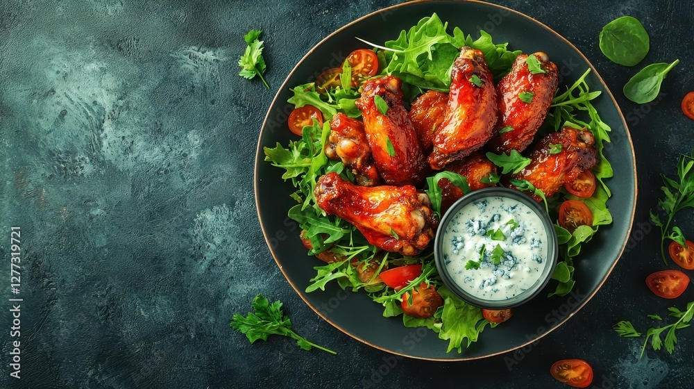 Delicious Chicken Wings Served on Fresh Greens with Dipping Sauce Delicious Chicken Wings Served on Fresh Greens with Dipping Sauce