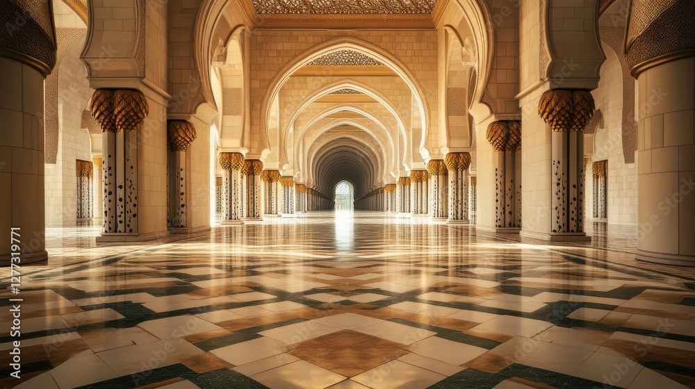 Fototapeta premium Stunning Architectural Symmetry in Grand Mosque Interior Design
