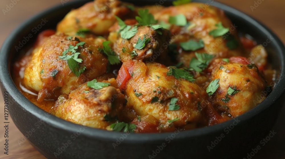 A bowl of flavorful chicken curry garnished with fresh cilantro. A bowl of flavorful chicken curry garnished with fresh cilantro.