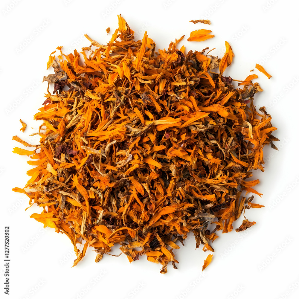 Fototapeta premium Dried marigold petals, herbal tea ingredient, white background, healthy lifestyle