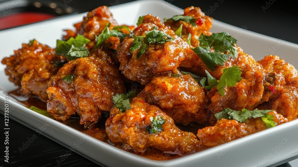 Spicy Chicken Wings Garnished with Fresh Herbs on Serving Plate Spicy Chicken Wings Garnished with Fresh Herbs on Serving Plate