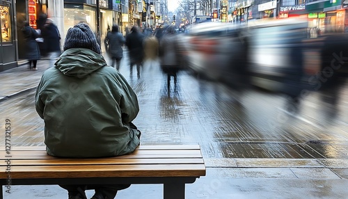 Homeless person sitting on bench, busy city street, rainy day, image for social awareness, possible use for charity