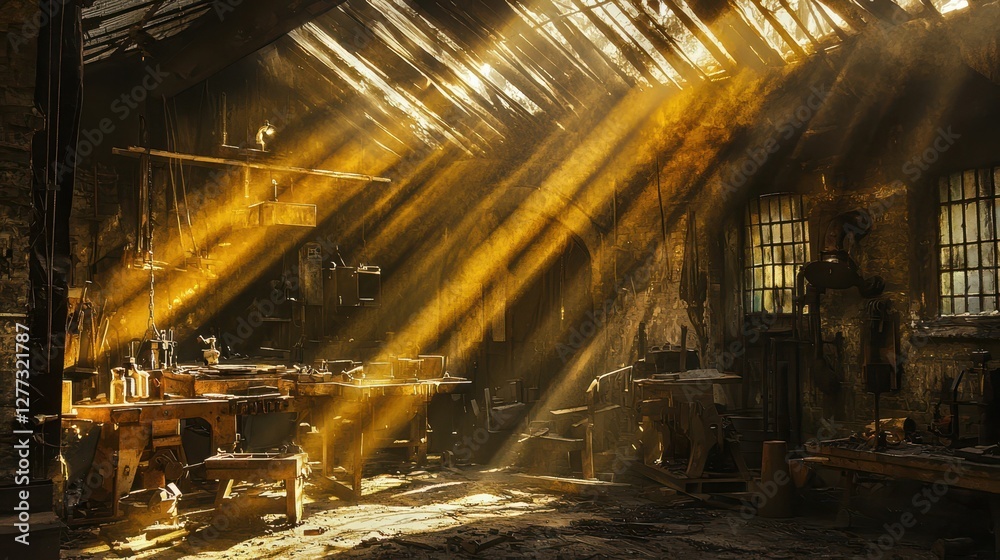 Sunlight Streaming Through Dusty Windows in Rustic Workshop Sunlight Streaming Through Dusty Windows in Rustic Workshop