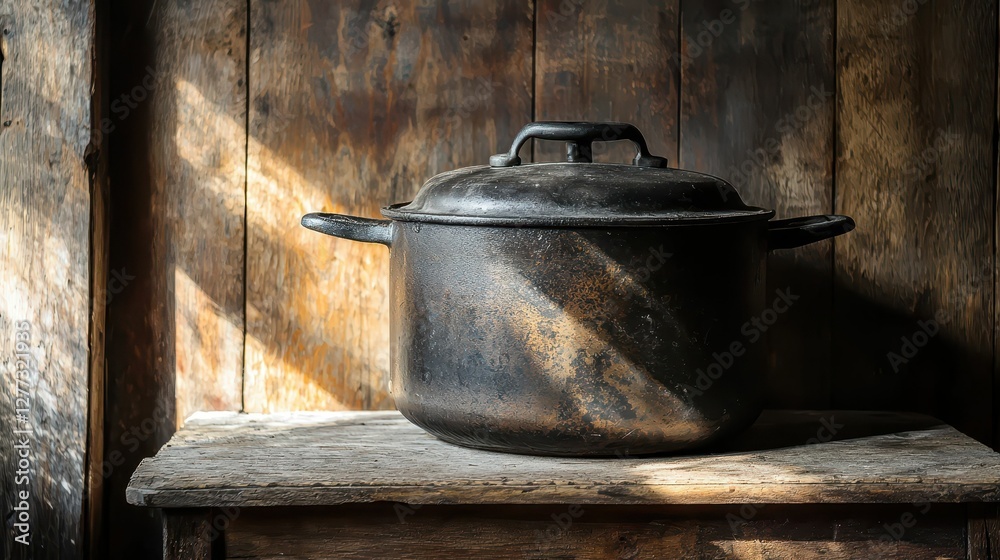 Rustic Black Cooking Pot on Weathered Wooden Table in Soft Light Rustic Black Cooking Pot on Weathered Wooden Table in Soft Light