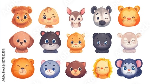 Collection of cute cartoon animal heads, various species, expressive faces, round design, adorable, children's illustration.
