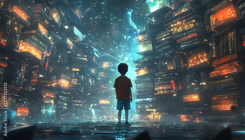 Fototapeta premium A young boy exploring a world of imagination, giant books, flying creatures, glowing pathways, magical adventure, surreal atmosphere, detailed 4K render
