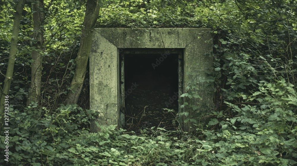 Abandoned Concrete Structure Hidden in Lush Green Forest Landscape Abandoned Concrete Structure Hidden in Lush Green Forest Landscape