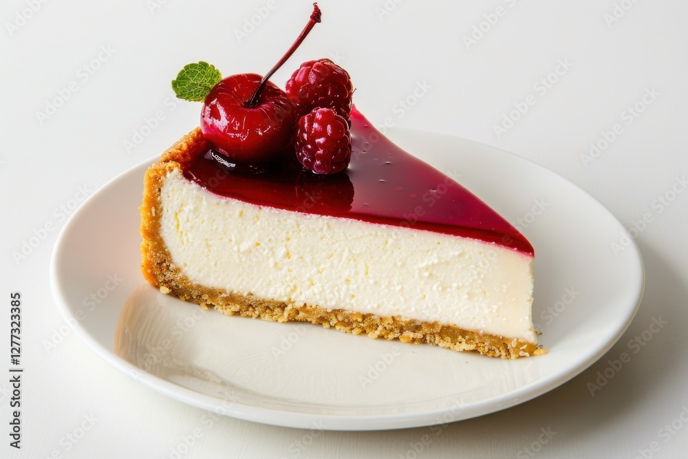 Creamy Cheesecake Slice with Red Berry Topping on White Plate Creamy Cheesecake Slice with Red Berry Topping on White Plate
