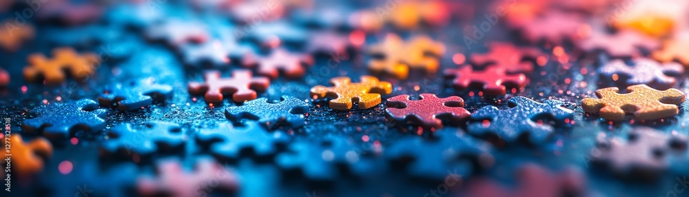 Colorful puzzle pieces scattered on a blue surface, symbolizing teamwork and creativity, bright vibrant colors, intricate design, highdefinition 3D render, ultrarealistic clarity