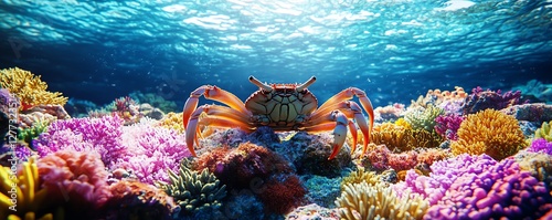 Colorful coral reefs with vibrant marine life, a swimming crab in crystalclear water, dynamic underwater scene, vivid corals, highdefinition 3D render