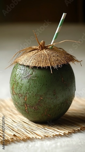Fresh Coconut Drink on Straw Mat photo