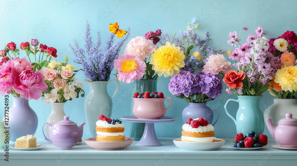 Beautiful flowers in a vase that could be used for a party, and a cute cake to decorate them generated by AI