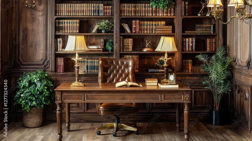 Elegant wooden desk in a classic library with vintage decor Elegant wooden desk in a classic library with vintage decor