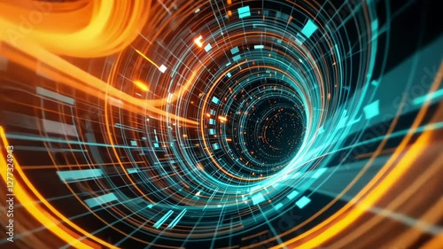 Abstract background with swirling data vortex and illuminated polygonal structures for big data analytics and tech branding