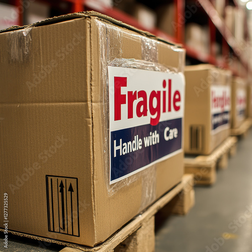 Fragile shipping packages in warehouse logistics management industrial environment close-up view safety awareness