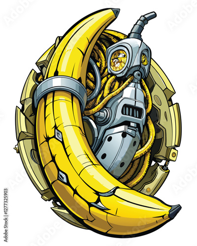 A meticulously detailed image of a banana peel splitting open to reveal a complex, intricate clockwork mechanism within its core.