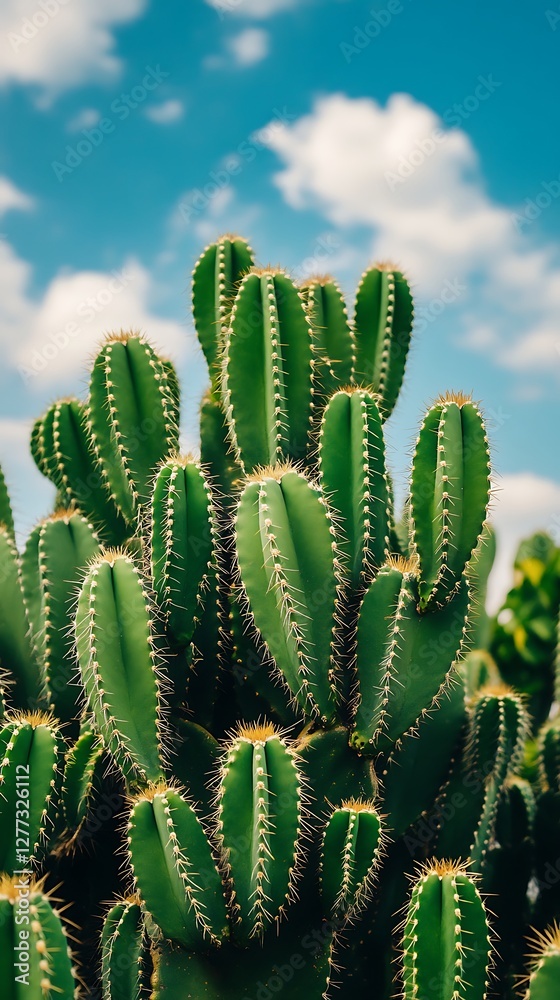 Lush cactus cluster, sunny sky background Lush cactus cluster, sunny sky background