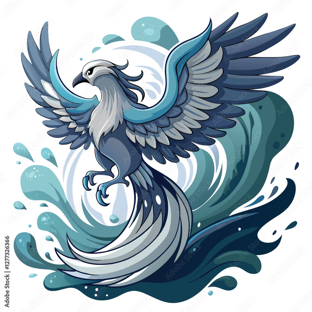 Obraz premium A vibrant blue bird metamorphoses into a cascading waterfall, mid-flight, feathers dissolving into flowing water. Detailed, surreal, magical realism.