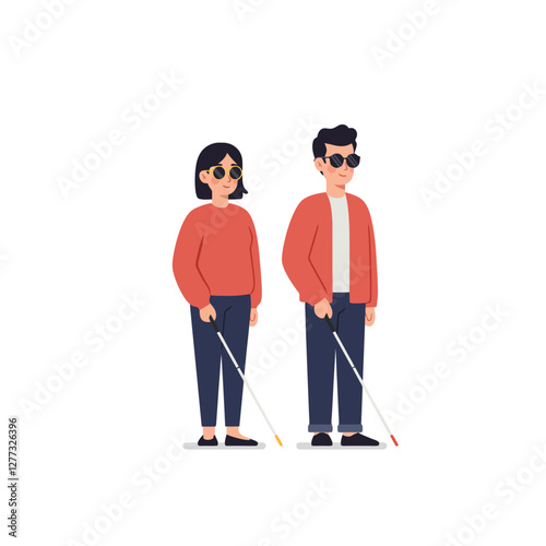 Blind People Walking with Canes Illustration on White Background