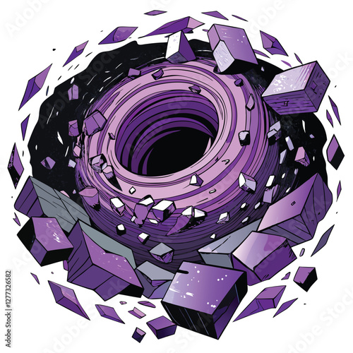 A hyperrealistic depiction of a black hole's gravitational lensing, distorting spacetime and fracturing surrounding stars into fragmented light trails.