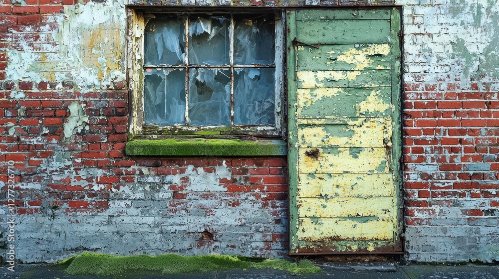 Weathered Rustic Brick Wall with Old Window and Green Door Weathered Rustic Brick Wall with Old Window and Green Door