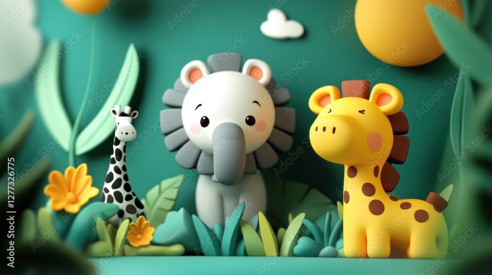 Naklejka premium Cute 3D cartoon jungle animals, lion, giraffe, elephant, in a lush green landscape with flowers and plants.