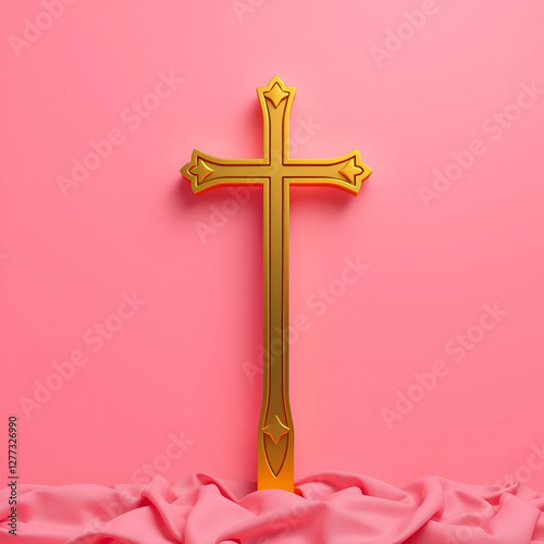 Golden Christian Cross on vertical liturgic rose pink copy space banner background. 3D illustration for online worship church sermon in Advent and Lent. Concept symbolizing joy of worship and penance. photo