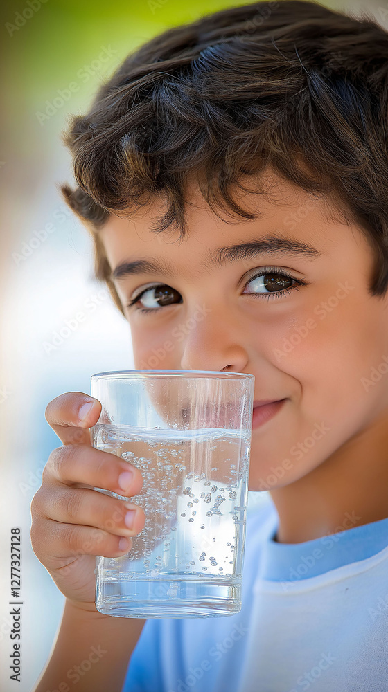 Latino boy holding a glass of water