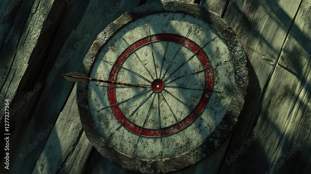 Obraz premium A close-up shot of a white target with red rings and a dart in the center, resting on a wooden surface.
