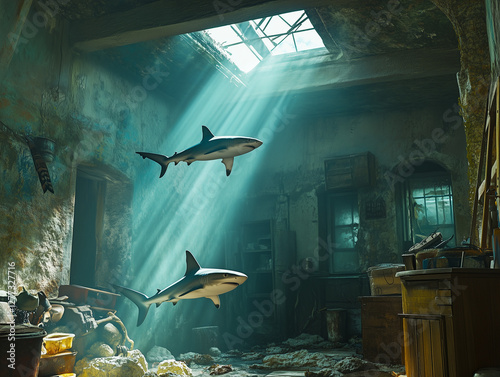 Requins nageant dans une pièce de maison éclairé depuis un plafond carré