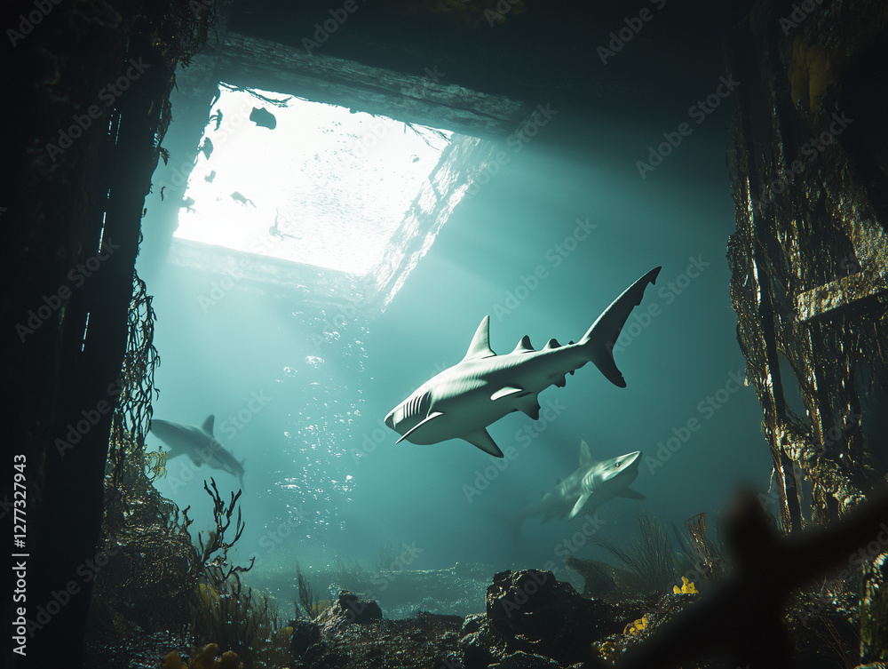 Obraz premium Requins nageant dans un réservoir éclairé depuis un plafond carré