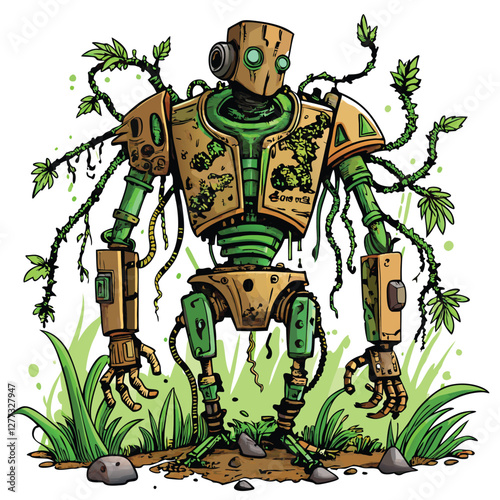 A decaying robot, ravaged by time, overtaken by lush, vibrant green vines.  Detailed textures and lighting are crucial.